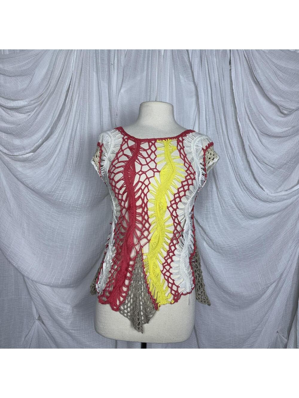 Vintage 90s Crochet Asymmetrical Colorblock Top Large